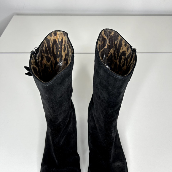 Stuart Weitzman Black Suede Mid-Calf Boots Cheetah Print Round Toe Booties 4 - Picture 4 of 16
